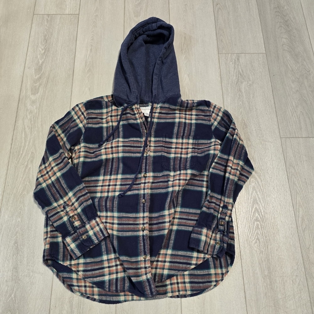 Anerican Eagle Plaid Button-Up Shirt with Hood Size Medium